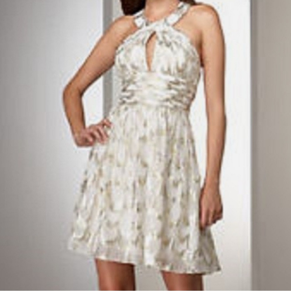 Like new! Aidan Mattox Gold and White Ruched Halter Midi Dress